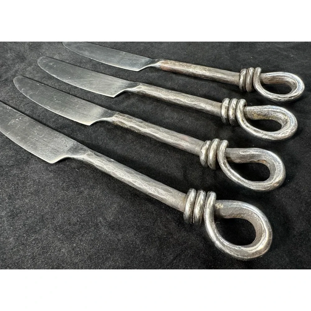 Rustic Hand Forged Black Loop Twist Dinner Knives Set 4 Blacksmith Hammered 9